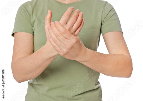 Woman suffering from pain in hand on white background, closeup. Arthritis symptom