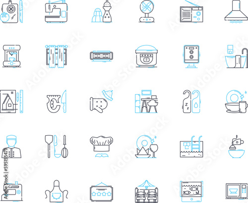 Kitchenette linear icons set. Compact, Cozy, Efficient, Minimal, Functional, Small, Clever line vector and concept signs. Streamlined,Modern,Sleek outline illustrations