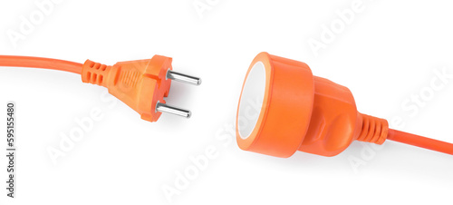 Extension cord on white background, top view. Electrician's equipment