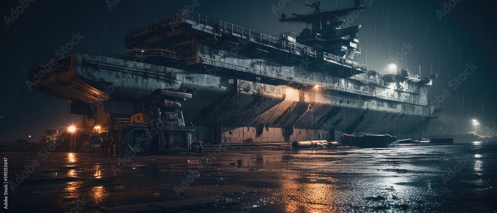 Realistic Post Apocalypse Landscape illustration of super huge military aircraft carrier ship generative ai