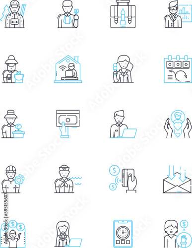 Trade work linear icons set. Carpentry, Plumbing, Electrical, Masonry, Welding, Painting, Roofing line vector and concept signs. Landscaping,Flooring,Drywalling outline illustrations photo