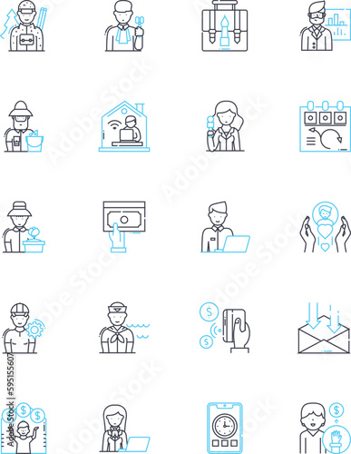 Trade work linear icons set. Carpentry, Plumbing, Electrical, Masonry, Welding, Painting, Roofing line vector and concept signs. Landscaping,Flooring,Drywalling outline illustrations
