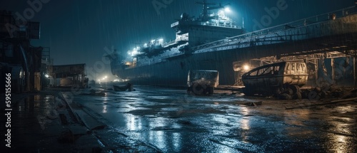 Realistic Post Apocalypse Landscape illustration of huge military aircraft carrier ship at night generative ai