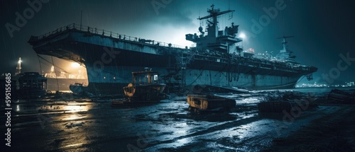 Realistic Post Apocalypse Landscape illustration of huge military aircraft carrier ship generative ai