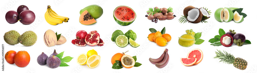 Collage with many fresh exotic fruits on white background Collage with many fresh exotic fruits on white background