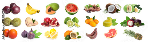 Collage with many fresh exotic fruits on white background