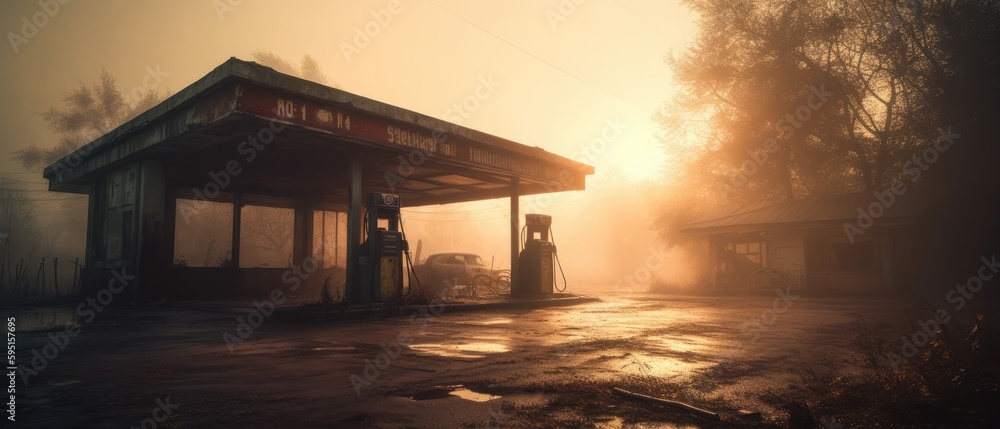 Realistic Post Apocalypse Landscape illustration of 
gas station in the fog generative ai