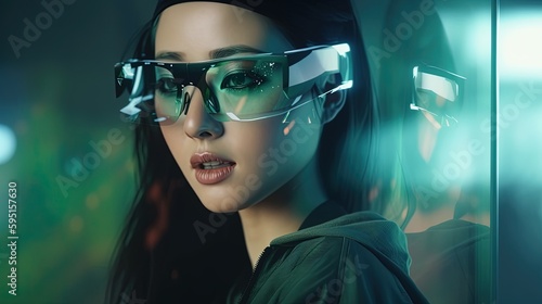 woman wearing smart glasses, digital art illustration, Generative AI