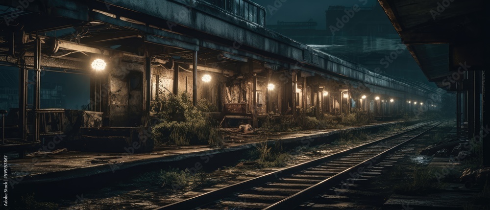 Realistic Post Apocalypse Landscape illustration of night station, greeny and night generative ai