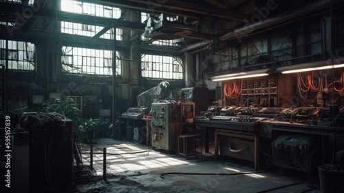 Realistic Post Apocalypse Landscape illustration of abandoned factory workshop at mid day generative ai