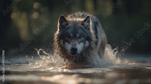 Lone wolf crossing the river  National geographic style  horizontal format 16 9. Generative AI