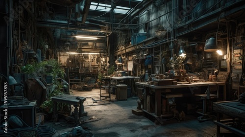 Realistic Post Apocalypse Landscape illustration of abandoned factory workshop at night generative ai