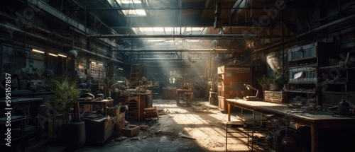 Realistic Post Apocalypse Landscape illustration of abandoned factory workshop with greeny generative ai