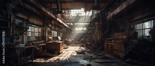 Realistic Post Apocalypse Landscape illustration of abandoned factory workshop generative ai