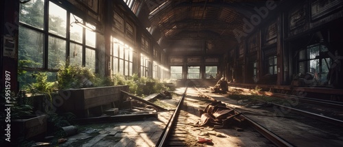 Realistic Post Apocalypse Landscape illustration of daytime empty depot generative ai