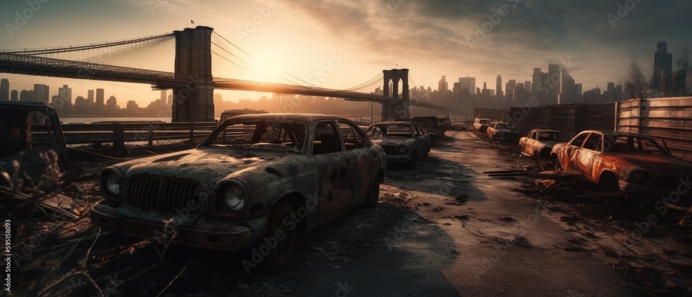 Realistic Post Apocalypse Landscape illustration of brooklyn bridge generative ai