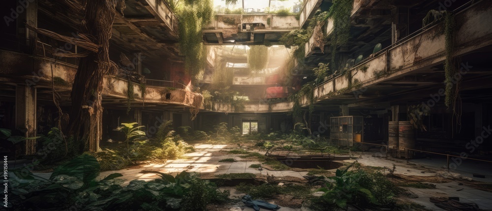 Realistic Post Apocalypse Landscape illustration of abandoned mall with light rays generative ai