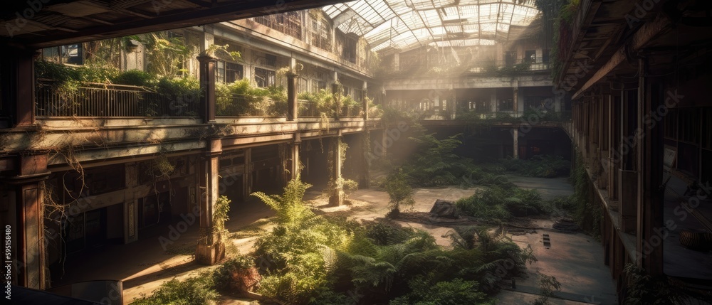 Realistic Post Apocalypse Landscape illustration of abandoned mall with greeny generative ai