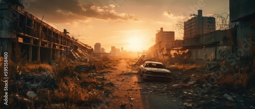 Realistic Post Apocalypse Landscape illustration of city panoramana on sunset generative ai