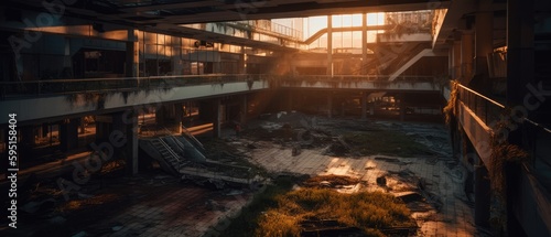 Realistic Post Apocalypse Landscape illustration of  mall at sunset lights generative ai
