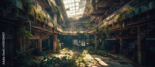 Realistic Post Apocalypse Landscape illustration of abandoned mall rays generative ai
