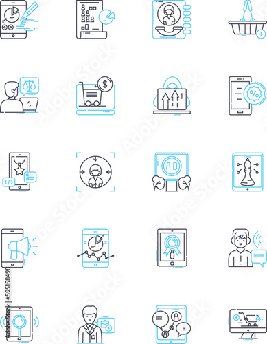 Online media linear icons set. Digital, Web, Streaming, Viral, Social, Interactive, Multimedia line vector and concept signs. Content,Nerk,Cyber outline illustrations