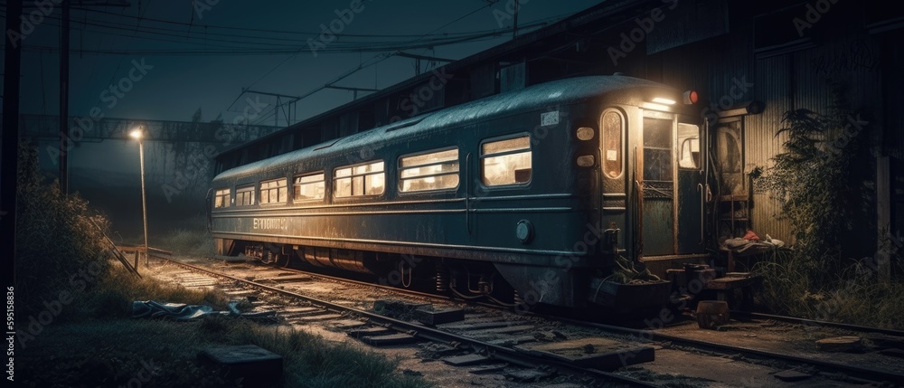 Realistic Post Apocalypse Landscape illustration of metro train at night, rainy generative ai