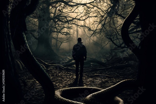 a mysterious man stands in a creepy forest created with Generative AI technology photo