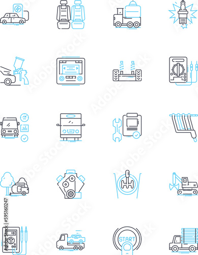 SUV parts linear icons set. Bumper, Headlights, Tires, Exhaust, Grille, Suspension, Brakes line vector and concept signs. Wiper blades,Battery,Radiator outline illustrations