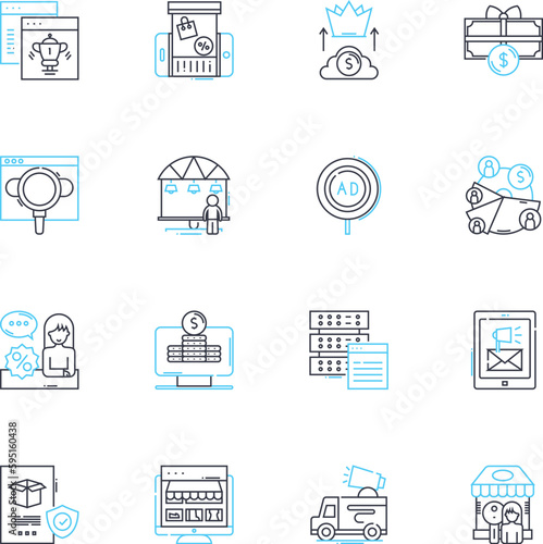 Merchandise market linear icons set. Kiosks, Souvenirs, Gifts, Vendors, Booths, Crafts, Memorabilia line vector and concept signs. Merchants,Artifacts,Trinkets outline illustrations