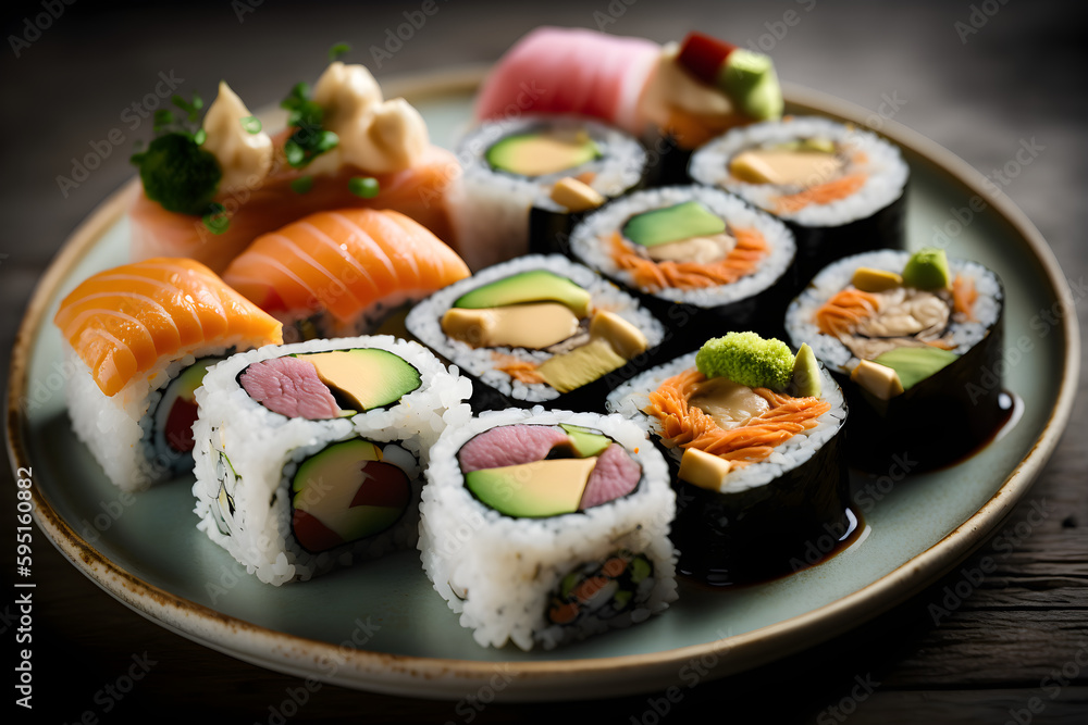 Delicious Japanese Sushi Rolls, Salmon, Avocado, Californica rolls Delicious Japanese Sushi Rolls, Salmon, Avocado, Californica rolls
