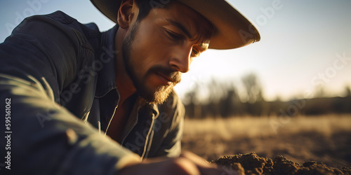 Regenerative farming concept, A young farmer planting seeds in a fertile field using a no-till drill, captured withwarm sunlight, Generative, AI photo