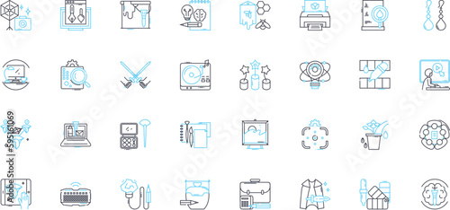 Multimedia art linear icons set. Animation, Digital, Video, Graphics, Sound, Music, Design line vector and concept signs. Interactive,Virtual,Projection outline illustrations