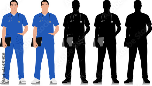 Hand-drawn healthcare worker. Happy smiling doctor with a stethoscope and clipboard. Male nurse in blue uniform. Vector flat style illustration set isolated on white. Full length view