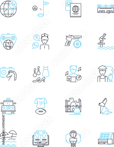 Fishing trip linear icons set. Angling, Tackle, Bait, Net, Catch, Salmon, Trout line vector and concept signs. Reel,Fly,Lure outline illustrations