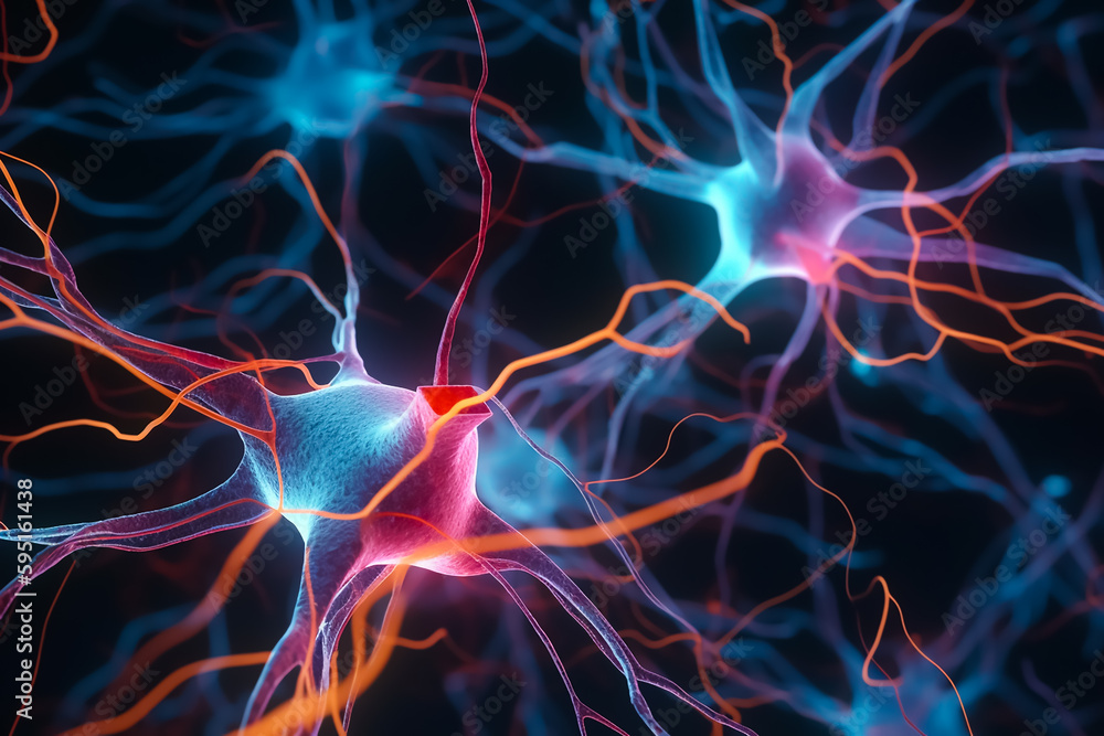 Illustration of neuron cells active and sending electrical and chemical signals to human body concept, Generative AI image. Illustration of neuron cells active and sending electrical and chemical signals to human body concept, Generative AI image.