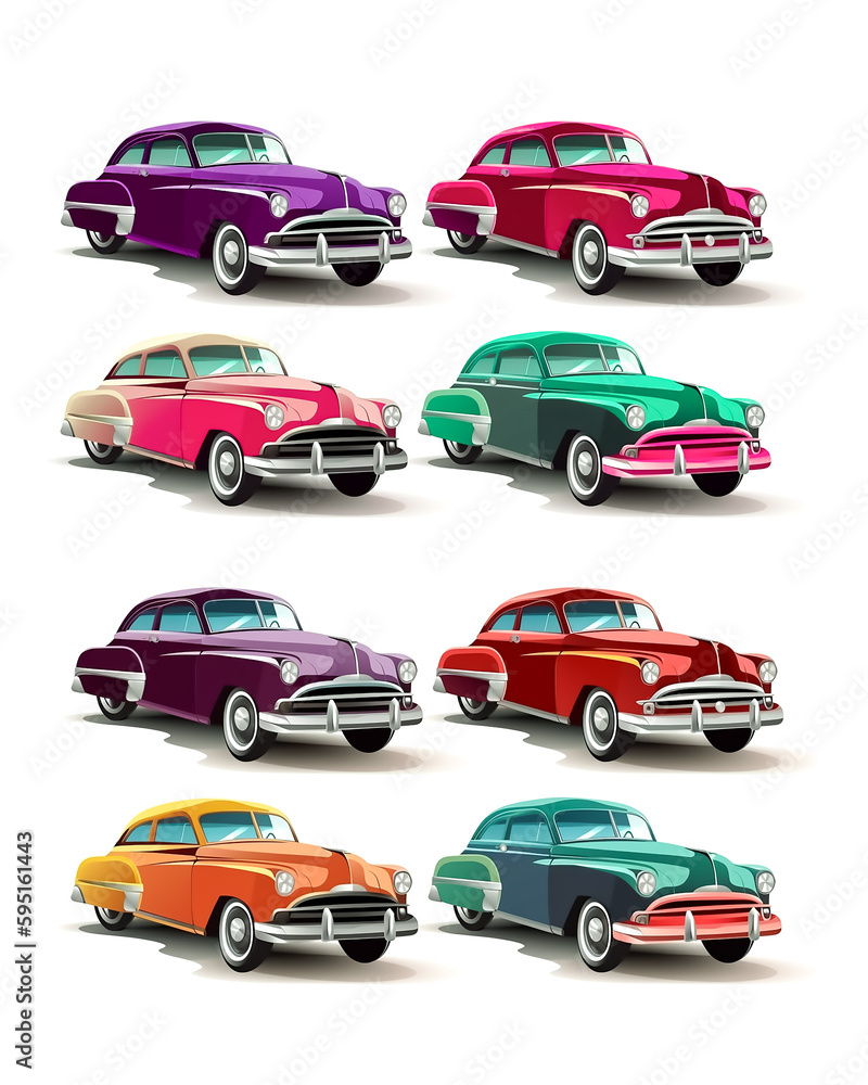 Illustration of colorful Classic car icons on white background, AI Generated image.