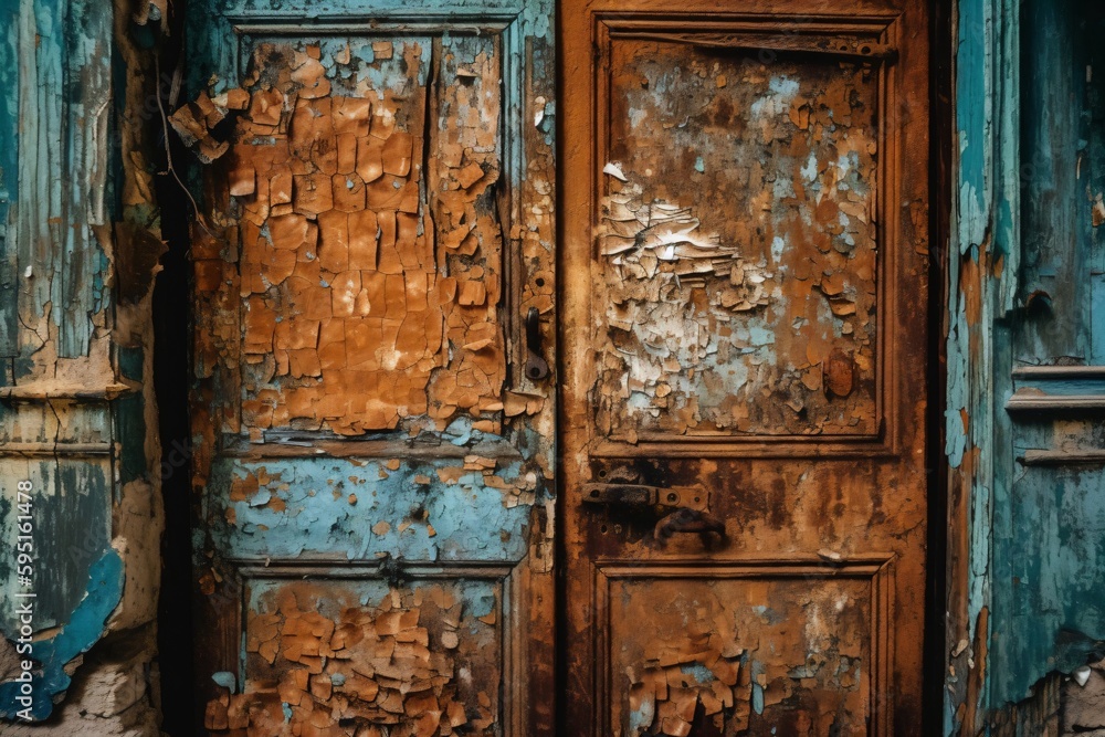 an old wooden entrance door is slowly disintegrating created with Generative AI technology an old wooden entrance door is slowly disintegrating created with Generative AI technology