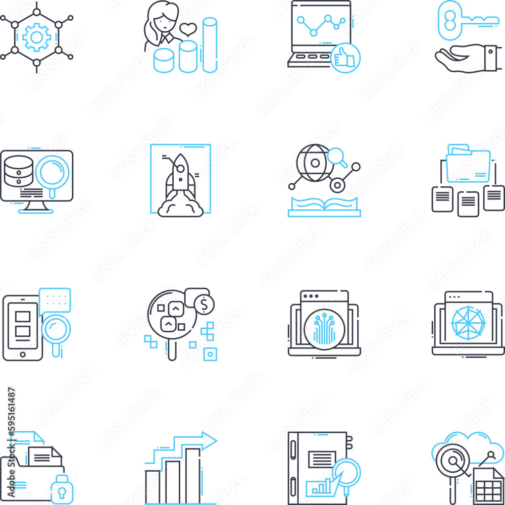 Market research linear icons set. Analysis, Demographics, Data, Insights, Strategy, Surveys, Focus groups line vector and concept signs. Sampling,Trends,Segmentation outline illustrations