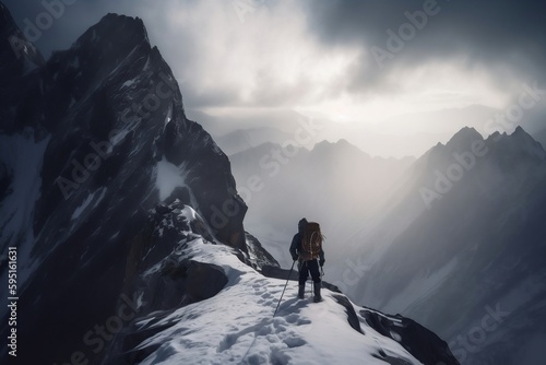 a female climber wearing a rope on her back and carrying ice axes walking across a narrow snowy ridge between two huge mountains under a snowy sky. generative AI