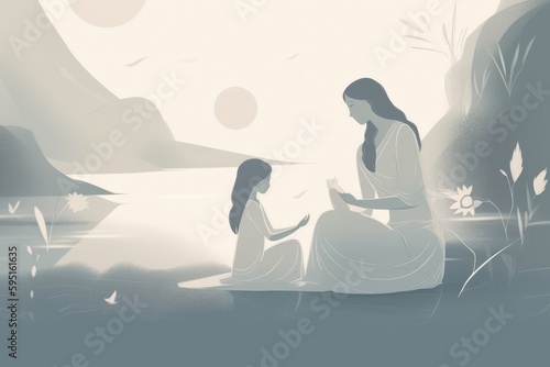 Minimalist Mother's Day illustration that depicts a mother and child in a peaceful indoor setting. Soft, muted tones. Generative AI
