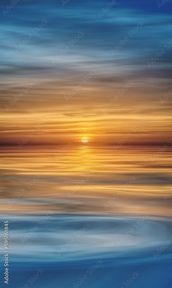 Golden sun rising over smooth, calm water