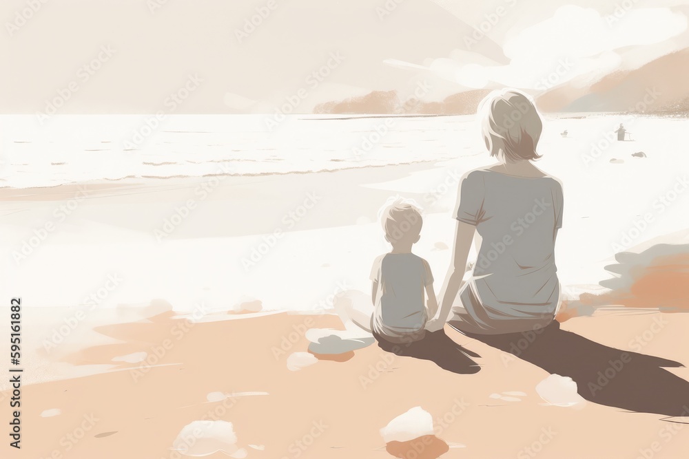 Mother's Day illustration with a minimalist style that showcases a mother and child enjoying a peaceful day at the beach. Soft, muted tones. Generative AI