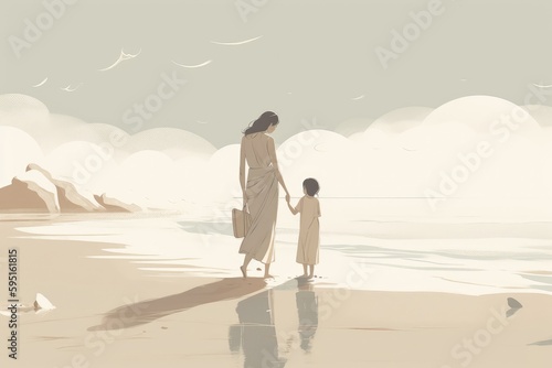 Mother s Day illustration with a minimalist style that showcases a mother and child enjoying a peaceful day at the beach. Soft  muted tones. Generative AI