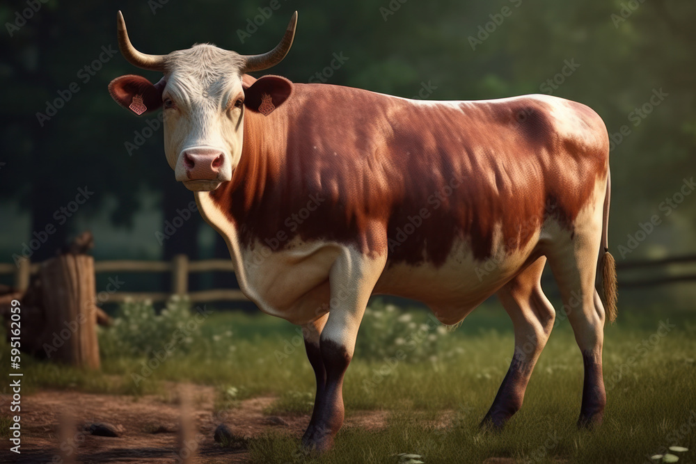 A brown and white cow standing on a dirt road surrounded by lush green grass and a peaceful rural scenery. AI Generative.