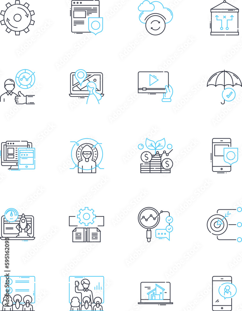 Social advertising linear icons set. Engagement, Targeting, Impressions, Conversion, CTA (Call-to-Action), ROI (Return on Investment), Metrics line vector and concept signs. Analytics,Branding