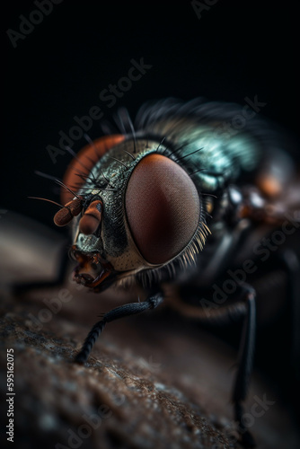Macro Shot of a Fly's Head. captures the intricate details of a fly's head using macro photography. With sharp focus and vivid colors, the image reveals the unique features of the fly's compound eyes.
