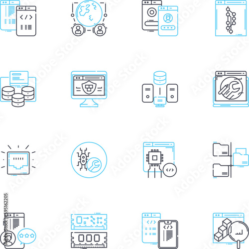 Online technology linear icons set. Internet, Website, Browser, Coding, Social, Nerk, Gaming line vector and concept signs. Cybersecurity,E-commerce,App outline illustrations