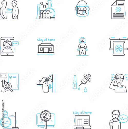 Viruses linear icons set. Pandemic, Contagious, Outbreak, Infection, Pathogen, Epidemic, Mutation line vector and concept signs. Microbe,Infectious,Resilient outline illustrations