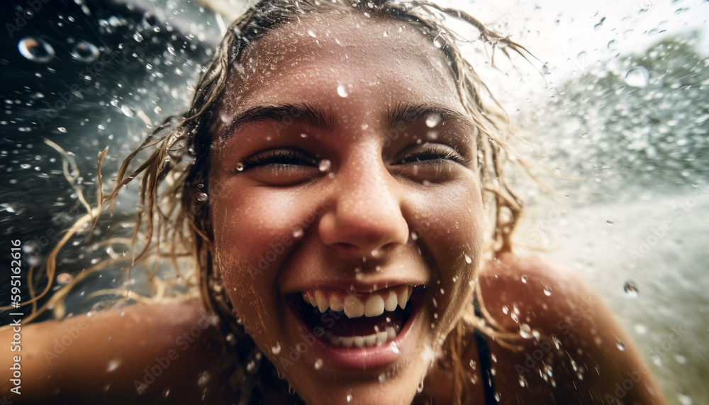One young woman smiling, splashing in water generated by AI